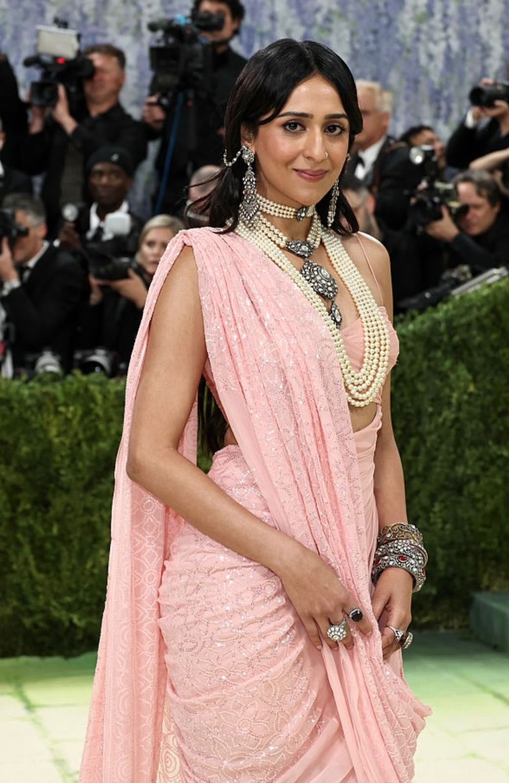 Gauravi Kumari on the Met Gala 2026 red carpet, In her grandmother Gayatri Devi's vintage chiffon saree, reworked as a gown