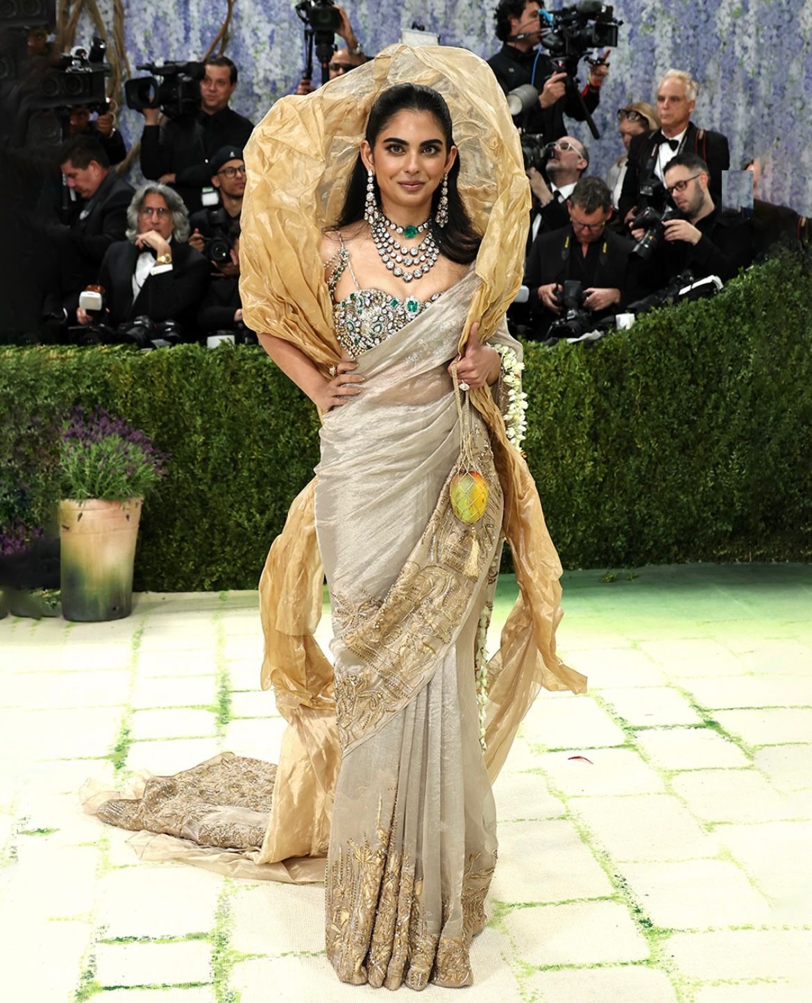 Isha Ambani on the Met Gala 2026 red carpet, In a custom Gaurav Gupta saree, styled by Anaita Shroff Adajania