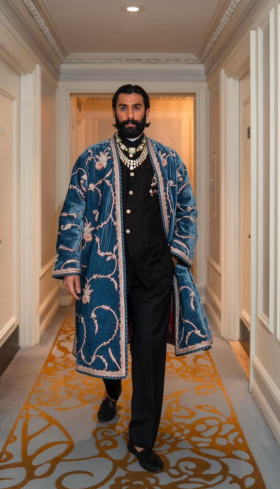 Sawai Padmanabh Singh on the Met Gala 2026 red carpet, In a velvet coat layered over traditional silhouettes